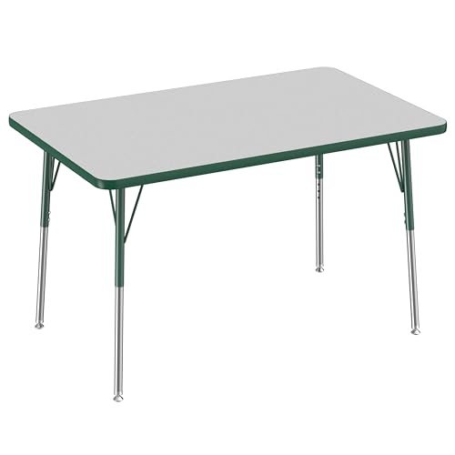 FDP Rectangle Activity School and Office Table (30 x 48 inch), Standard Legs with Swivel Glides, Adjustable Height 19-30 inches - Gray Top and Green Edge