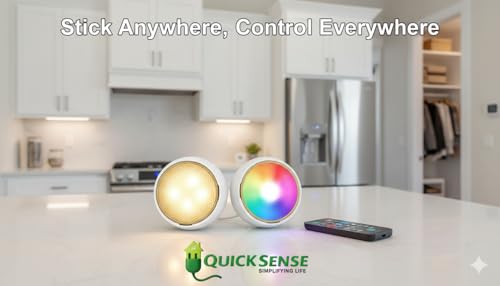 Image of Quick Sense LED Light | 2 Pack Battery Operated Under Cabinet Lighting | Color Changing Closet Fixture with Remote | Stick On for Kitchen, Shelf, Cupboard