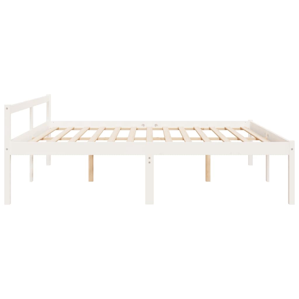 Lite drewno sosnowe wysokie łóżko dla seniora biały 200x200 cm | Łóżko dla seniora białe 200x200 cm lite drewno sosnowe rama z listwami duża przestrzeń do przechowywania