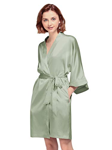 AW BRIDAL Silky Satin Robes Short Kimono Bathrobe Dressing Gown for Brides Bridesmaids Wedding Party, Sage Green, M