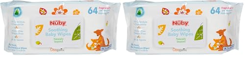 Image of Nuby Soothing Baby Wipes Naturally Inspired with Chamomile Aloe and Citroganix (Fragrance Free /Extra Thick), Unscented, 64 Count (Pack of 2)