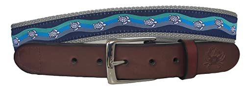 Mens Sea Turtle Tidal Current Leather Belt, Leather Tab and Buckle, Swimming Sea Turtles on Navy Ribbon Belt