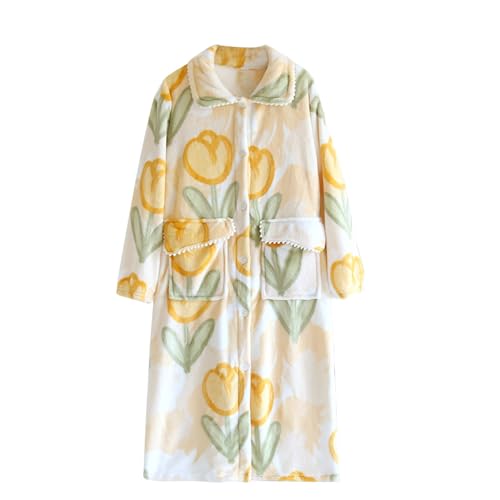 Albornoz de baño de felpa esponjosa de invierno con estampado de Tulipanes, vestido de dormitorio para mujer, largo cálido, camisón de noche, comodidad, pijama de gran tamaño, ropa de dormir para