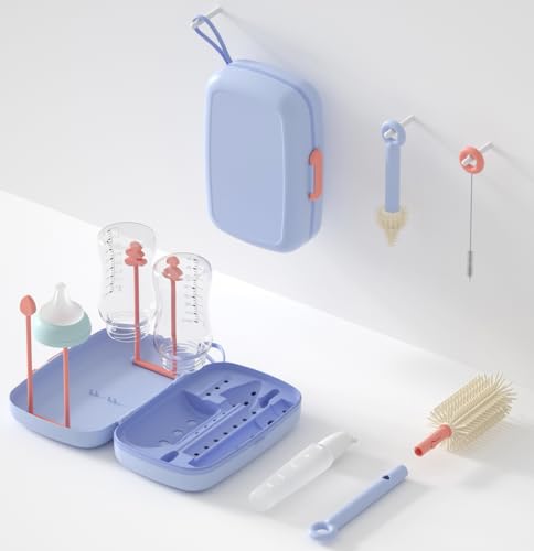 Image of Portable bottle cleaning kit, 7in1 Baby Bottle cleaner Travel Silicone Travel Bottle Brush Set, Nipple, Drying Rack, Straw, & Breast Pump, Soap Dispenser & Baby Bottle Drying Rack, Gift for Mom (Blue)