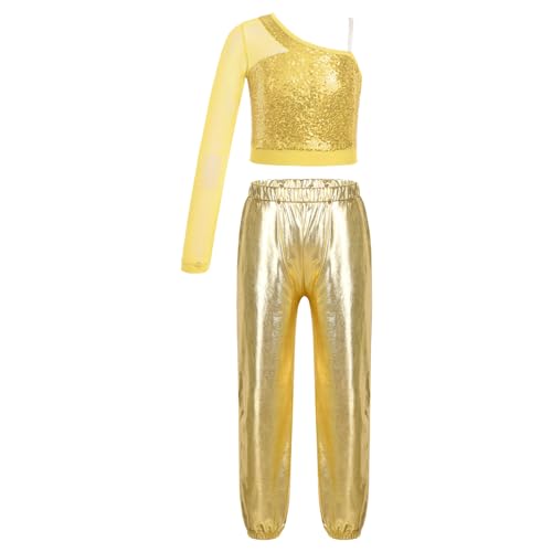 JanJean Kids Girls 2Pcs Dance Tracksuit Shiny Metallic Crop Top with Athletic Sweatpants Jazz Hip Hop Jazz Dance Costume Yellow B 10 Years