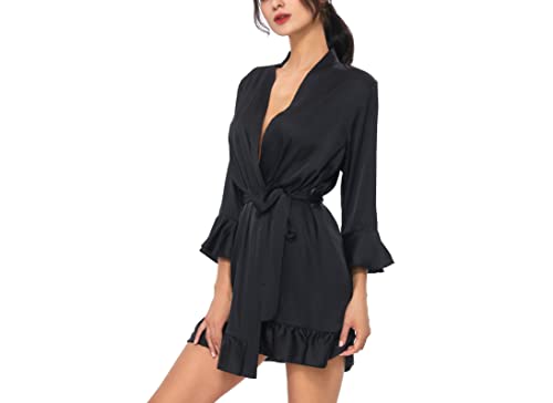 Toikeeoi Women's Kimono Robe Short Satin Pure Short Silky Robes Sexy V Neck Sleepwear (Black, One Size) #TOP3