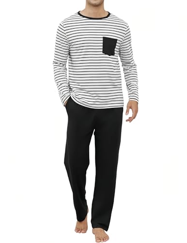 El Mejor Listado de Pijamas Caballero - 5 favoritos. 44 Reliwel Pijama Hombre Algodon con Rayas Cuello Redondo Pijamas para Hombre Conjunto Playera Manga Larga y Pantalon Suave Ropa de Dormir Negro X-Grande