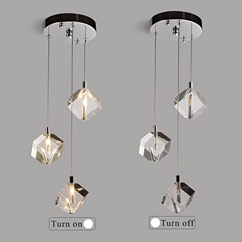 Modern Farmhouse Chandeliers Light Fixture, Nordic Cube Crystal Hanging Lamp, Raindrop Chrome Led Pendant Lighting For Entryway Living Room Bedroom Kitchen Island Dining Room (Round 3-Lights) #TOP7
