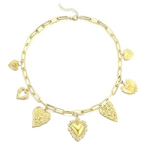 Emibele Heart Charm Necklaces for Women, Chunky Gold Necklace with Bohe Hearts Pendants, 18K Gold Plated Stainless Steel No Tarnish Gold Heart Necklace, Dainty Jewelry Gifts for Women