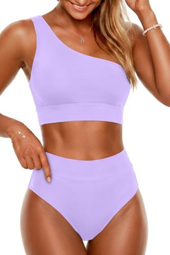 Image of Holipick Women One Shoulder High Waisted Bikini Sets Two Piece Swimsuit Tummy Control Bathing Suit Full Coverage Swimwear
