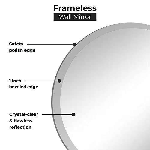 Fab Glass And Mirror Frameless Round With Safety Backing 1" Beveled Edge-Wall Mounted Hooks-Bathroom Vanity Mirror 24"X24", 24" X 24", Silver #TOP2