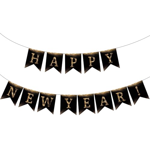 Happy New Years Banner 2026, New Year Eve Decorations Eve Party Supplies Hanging Banner Decor for Photo Props Photography Black Gold