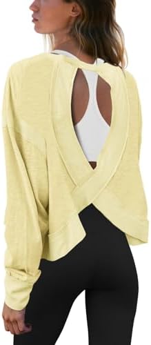 Panadila Womens Open Back Workout Top Long Sleeve Athletic Shirts Casual Crop Running Tee Y2k Yoga(Light Yellow,L)