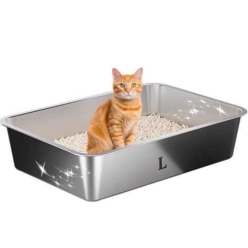 Suhaco Stainless Steel Litter Box High Sided Cat Litter Trays Large 60 X 40 X 10CM Kitten Litter Tray Easy Cleaning Non Stick Anti Leakage Metal Litter Pan