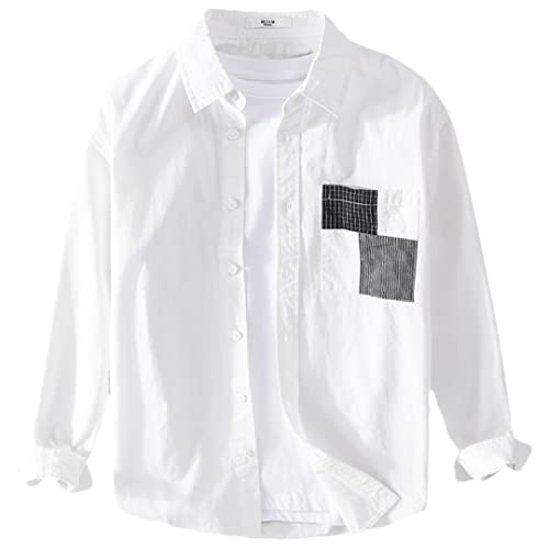 Chemise en coton patchwork homme Disimlarl blanche manches longues taille XXL décontractée