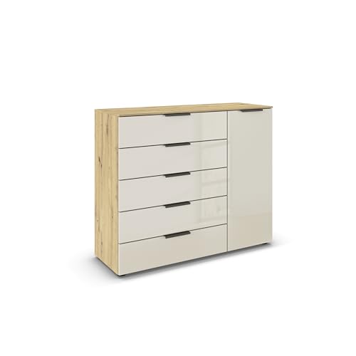 Rauch Möbel Flipp, Kommode für Schlafzimmer, Kinderzimmer, Wohnzimmer, Jugendzimmer, Flur, Garderobe, 1-türig, 5 Schubladen, mit Softclose-Funktion, Farbe Eiche Artisan, Holz/Glas Beige, Breite 120 cm