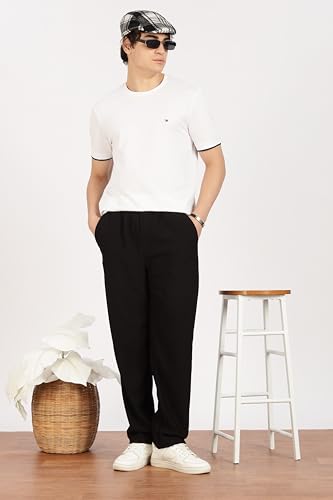 Image of Men's Regular Fit Textured Trousers with Elastic Waistband & Drawstring Closure - Casual & Smart Everyday Pants
