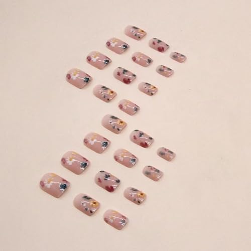 Image of Flower Press on Nails Short Square Fake Nails Nude False Nails with Small Floral Designs Glossy Glue on Nails Acrylic Full Cover Stick on Nails Artificial Spring Nails for Women Manicure 24pcs
