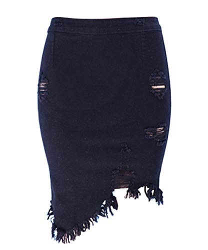 chouyatou Women's Stretchy Irregular Frayed Raw Hem Midi Denim Pencil Skirt3