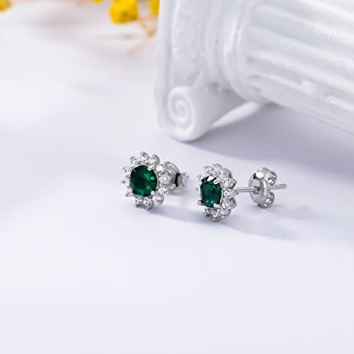 SISGEM s925 Silver Emerald Stud Earrings, 925 Sterling Silver Emerald Green Birthstone Earrings with 5A Cubic Zirconia, for Women Girls Ladies Mum Sisters