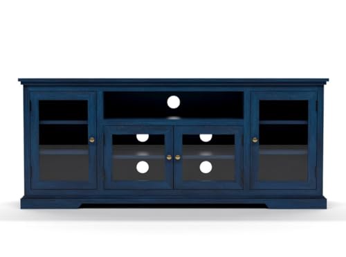 Image of Sheesham Solid Wood TV Cabinet for Living Room | Handcrafted Wooden TV Unit with Storage | Elegant Entertainment Stand for Modern Homes (Glass Tv Cabinet, Rustic Blue)
