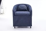 Modern Barrel Chair with Casters, Upholstered Club Chair, Navy Blue Chenille Fabric, Rolling Wheels