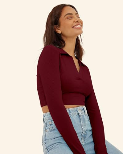 Image of AUSK Women's Regular Fit Crop top Full Sleeves Polo Neck