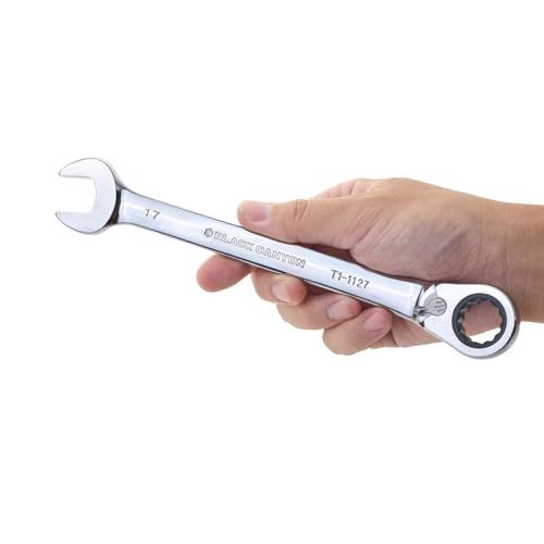Image of BLACK CANYON 17 mm Ratchet Combination Wrench, 12-Point Box End & Hex Opening, Polished Steel Ratcheting Wrench with SAE & Metric Sizes