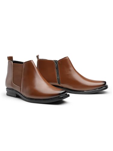 Image of Men's Stylish Vegan Leather Chelsea Boots with Side Zipper & Elastic Panel, Square Toe Ankle Boot (Tan /Black /Brown)