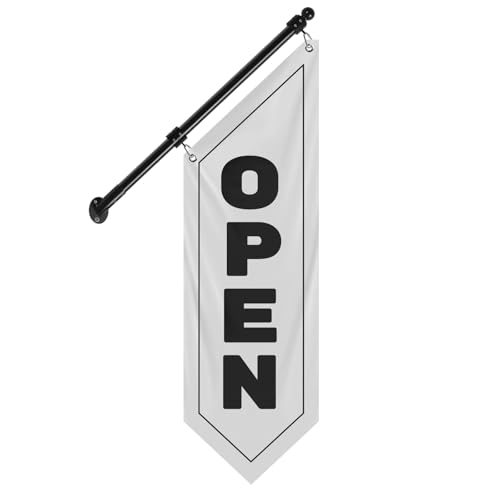 Open Flag with Pole for Businesses, 35"x12" Double Sided White Open Flag, 27" Stainless steel Pole Wall Mounted Hanging Sign for Cafes, Modern Storefronts & Boutiques