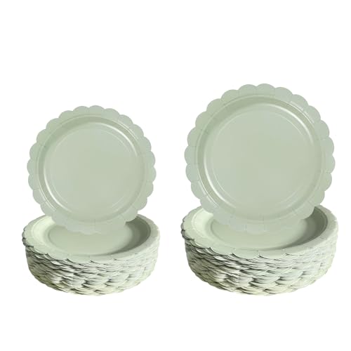 100 Pcs Scalloped Paper Plates, 7 Inch & 9 Inch Sage Green Paper Plates, Premium Heavy Duty Disposable Dessert Plate for Wedding, Valentine's, Birthday, Baby Showers, Parties (Sage Green, 7 In & 9 In)