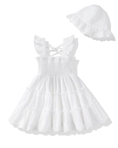 SODLON Baby Girl Dresses 18-24 Months Toddler Summer Clothes Sleeveless Hollow Out Ruffle Smocked White Baptism Dress Boho Outfit Casual Beach Sundress with Hat