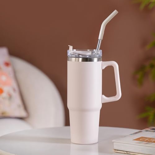 Image of Decorcrafts 1.2 Litre Tumbler with Handle Straw & Lid | Insulated Reusable Stainless Steel Water Bottle | Leak Proof Mug for Office, Gym, Travelling (White)