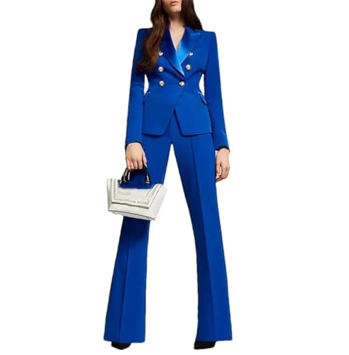 Women's Royal Blue 2 Piece Suit Flared Pants Double-Breasted Party