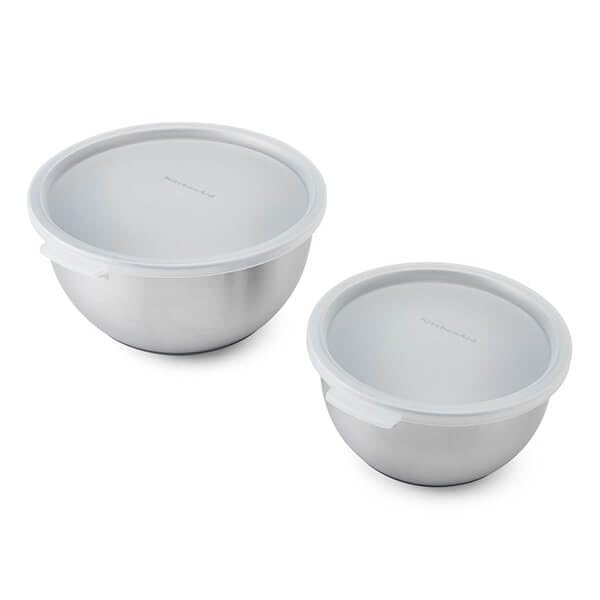 KitchenAid 2-teiliges Rührschüssel-Set mit Deckel, Edelstahl, rutschfester Boden, zum Backen, zur Zubereitung und Aufbewahrung von Lebensmitteln, langlebig, leicht zu reinigen, 17,5 cm und 22 cm