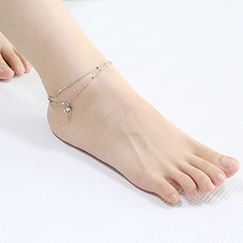 Nobrand Crystal Stainless Steel Anklet Color Beaded Dainty Hanging Bells Cute Charm Adjustable Beach Double Layer Foot Chain For Women Teen Girls, 8.26 Inch+2.36 Inches #TOP7