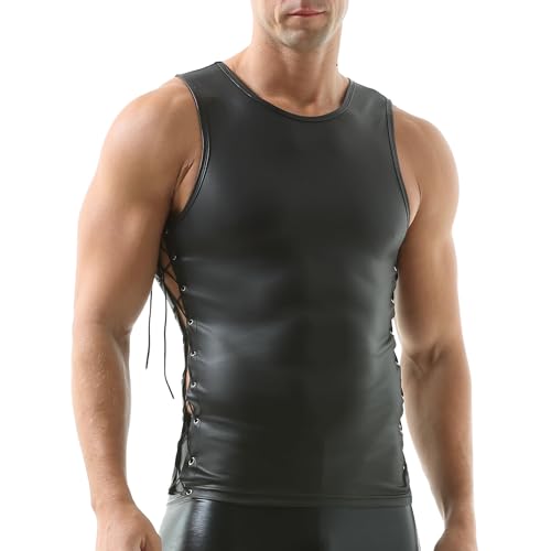 DTODWW Men's Faux Leather Vest Sleeveless Undershirt Tank Top Shirt Round Neck Undershirt Clubwear3