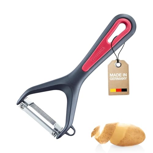 Westmark Pelador de verduras y espárragos con cortador, Gallant, Cuchilla de acero inoxidable, Con protección de la hoja, Color: negro/rojo, 2907220