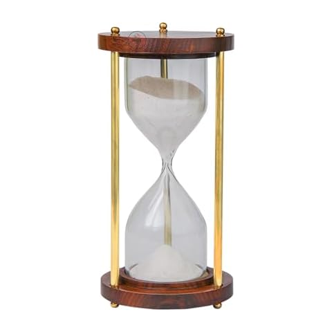 Sohrab Nauticals 10 Minutes Wooden Brass Hourglass 10 Minute Sand Timer Sandglass Clock Timer with Sparkling White Sand for Home, Kitchen and Office Table Desk Decorative Item Size - 17x8x8cm Cover