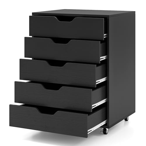 GIANTEX Aktenschrank auf Rollen, Rollcontainer mit Schubladen, mobiler Druckerständer für Home-Office & Büro, für Ordner, Dokumente, Papiere (Schwarz, 49 x 40 x 65 cm)