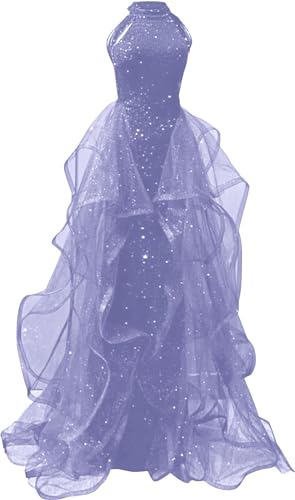 Zeeyecie Sequin High Neck Lavender Prom Dresses 2025 Sparkly Tulle