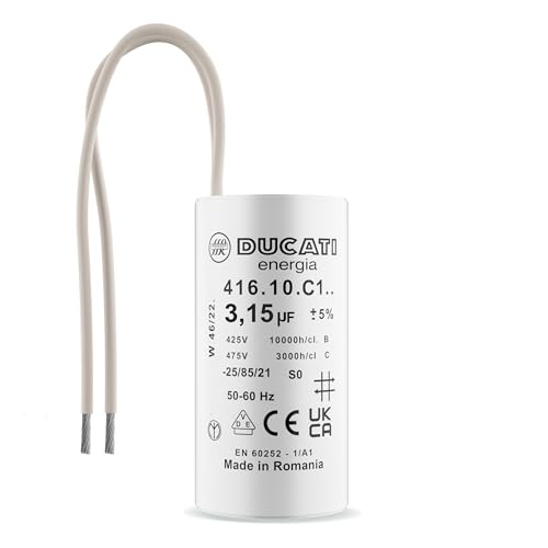 Condensateur 3,15 uF pour Moteur Monophasé - Utilisation pour Kärcher, Pompe de Piscine, Porte de Garage - 425/450V/475V - Condensateur de Démarrage/Permanent avec Fils