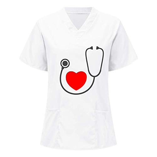 YAnGSale Nursing Working Uniform Women Short Sleeve T-Shirts Solid Shirt Heart Print Blouse V-Neck Tunic Tops (White, M)