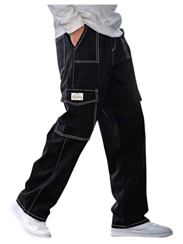 Verdusa Men's Cargo Pants Elastic Waist Straight Leg Patched Trousers with Flap Pockets