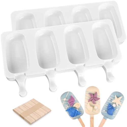 Sakolla 2 Pack Silicone Popsicle Molds, Larg Oval 4 Cavities Homemade Ice Pop Molds with 50 Wooden...