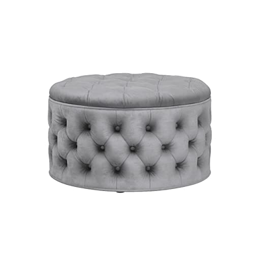 Homebeez Runder Samt-Aufbewahrungshocker mit Knopf, getuftete Fußstütze Hocker Couchtisch für Wohnzimmer (grau) Cover