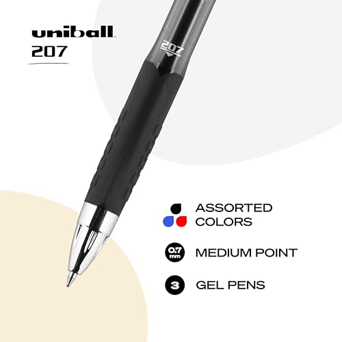 Image of uniball 207 Retractable Gel Pens, Medium Point (0.7mm), Assorted, 3 Pack