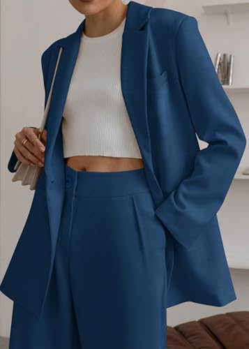 KIRUNDO Women Suits 2 Piece Set Business Casual Dressy Oversized Blazer Jacket and Wide Leg Dress Pantsuits Formal Outfits(Dark Lake Blue, Medium)