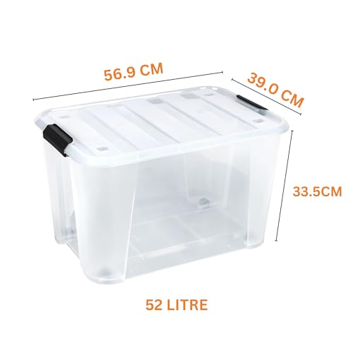 Image of Clear Heavy Duty Bulk Storage Container with Lids Pack of 2, 52 Litre | Stackable Plastic Bins with Handles & Rolling Wheels | BPA-Free, Multi-Purpose for Kitchen, Pantry, Office, or Garage