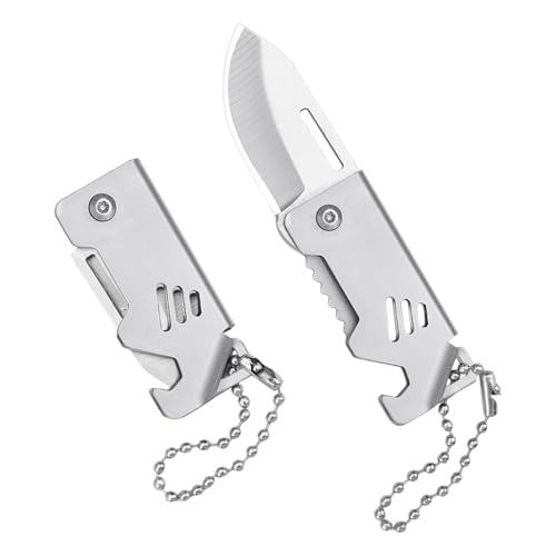 Jinsion 2 Piezas Navaja Llavero, Navaja Pequeña de Bolsillo Portátil con Orificio Integrado, Mini Navaja Plegable de Acero Inoxidable, Mini Navaja Multifuncional para Acampar, Caminar y al Aire Libre